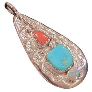 Zuni Sterling Silver Turquoise & Coral Snake Pendant Signed EFFIE C ZUNI
